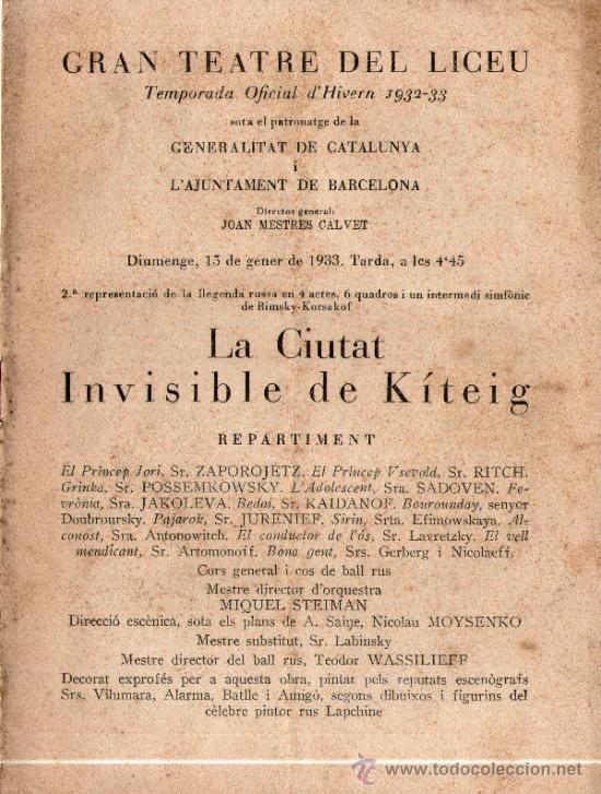 Cat&aacute;logos de m&uacute;sica: Programa Gran Teatre del Liceu, La ciutat invisible de Kieteig, temporada 1932-33