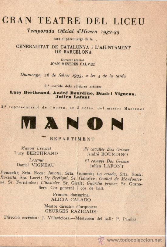 Cat&aacute;logos de m&uacute;sica: Programa Gran Teatre del Liceu, Manon, temporada 1932-33