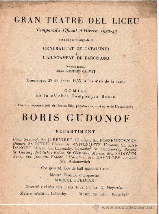 Cat&aacute;logos de m&uacute;sica: Programa Gran Teatre del Liceu, Boris Gudonof, temporada 1932-33.