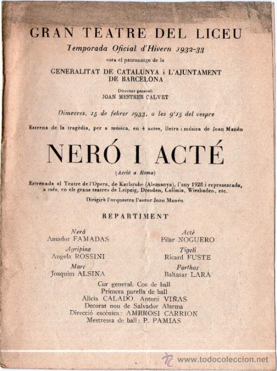 Cat&aacute;logos de m&uacute;sica: Programa Gran Teatre del Liceu, Ner&oacute; i Act&eacute;, temporada 1932-33