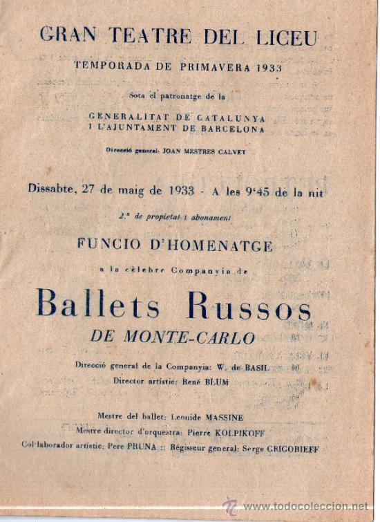 Cat&aacute;logos de m&uacute;sica: Programa Gran Teatre del Liceu, Ballets Russos, temporada 1932-33