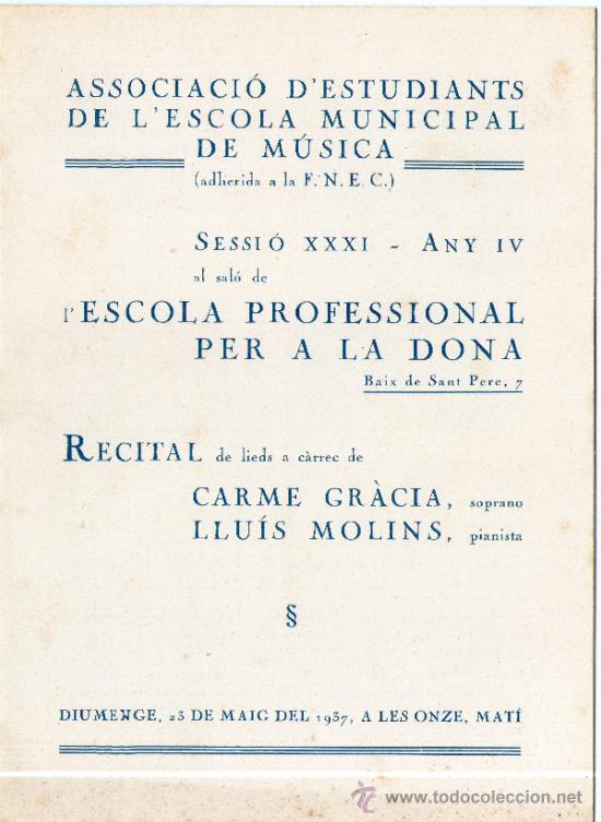 Catalogues de Musique: Progama de l'Associacio d'estudiants de l'escola municipal de m&uacute;sica, sessi&oacute; XXXI- any IV,