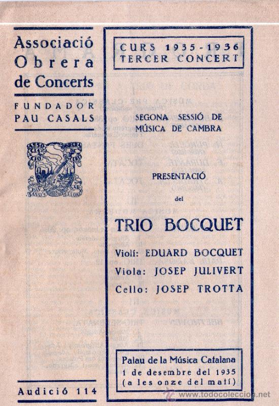 Catalogues de Musique: Curs 1935-1936 tercer concert, Trio Bocquet. 1935