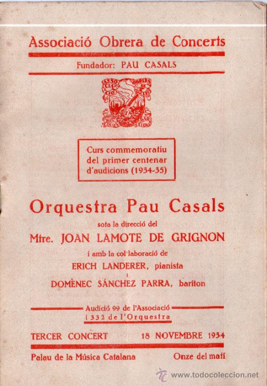 Catalogues de Musique: Orquestra Pau Casals dirigida pel Mtre. Joan Lamonte de Grignon, 1934