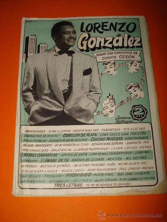 Cat&aacute;logos de m&uacute;sica: Antiguo Cancionero de LORENZO GONZ&Aacute;LEZ de Ediciones Bistagne del a&ntilde;o 1950s.