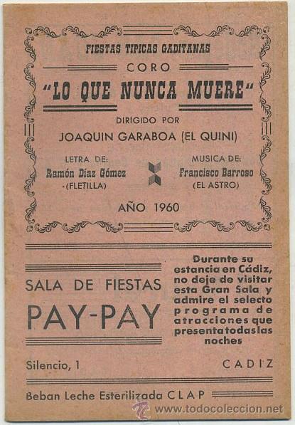 Cat&aacute;logos de M&uacute;sica: CARNAVAL DE CADIZ 1960 - CORO LO QUE NUNCA MUERE    A-C-0927