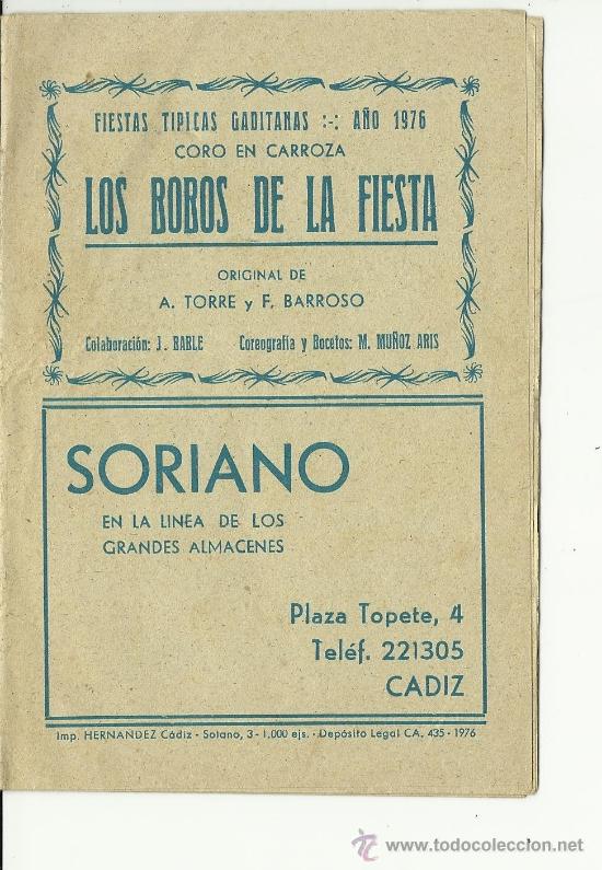 Cat&aacute;logos de M&uacute;sica: Cadiz.Libreto del coro los Bobos de la Fiesta de antonio torres a&ntilde;o 1976