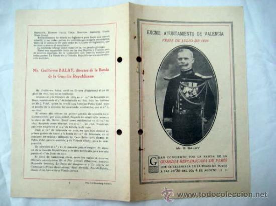 Catalogues de Musique: Programa:CONCIERTO POR LA BANDA DE LA GUARDIA REPUBLICANA DE PARIS. Julio 1926. Plaza Toros Valencia