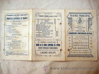 Cat&aacute;logos de M&uacute;sica: Programa : ORQUESTA SINF&Oacute;NICA DE MADRID. Teatro Principal. 1921. Valencia. MAESTRO ARB&Oacute;S (Director)