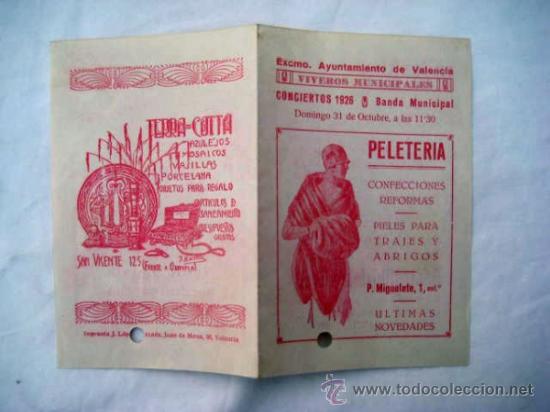 Cat&aacute;logos de M&uacute;sica: Programa : CONCIERTOS BANDA MUNICIPAL. Viveros 1926
