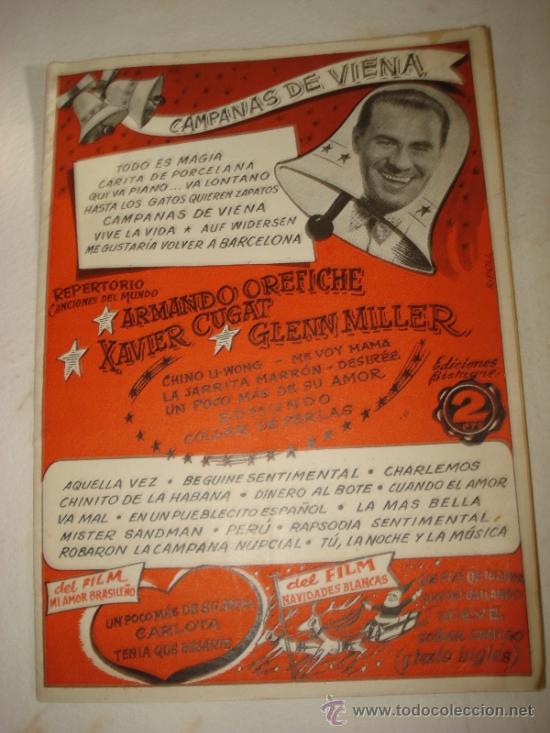 Cat&aacute;logos de M&uacute;sica: Antiguo Cancionero * CAMPANAS DE VIENA * con ARMANDO OREFICHE , XAVIER CUGAT .A&ntilde;o 1950s.