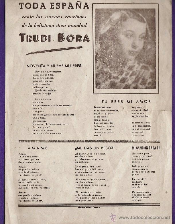 Cat&aacute;logos de M&uacute;sica: folleto publicitario y cancionero - trudi bora - con 5 canciones - a&ntilde;os 40 -