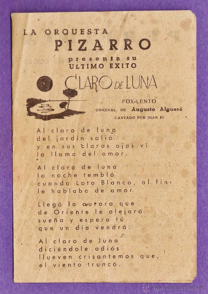 Cat&aacute;logos de M&uacute;sica: folleto publicitario y cancionero - orquesta pizarro - claro de luna y 2 canciones mas- a&ntilde;os 40 -
