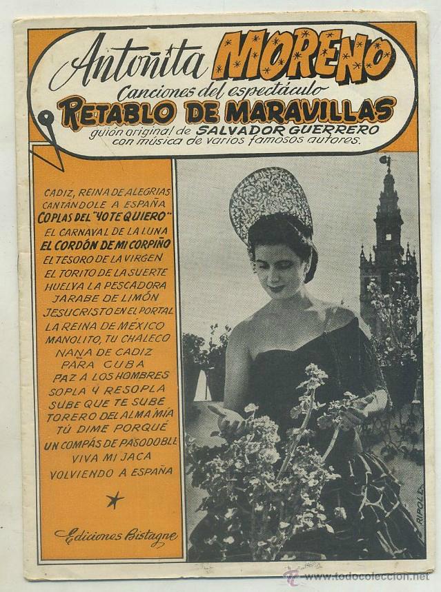 Cat&aacute;logos de M&uacute;sica: ANTO&Ntilde;ITA MORENO. CANCIONES DEL ESPECT&Aacute;CULO RETABLO DE MARAVILLAS. CANCI-034
