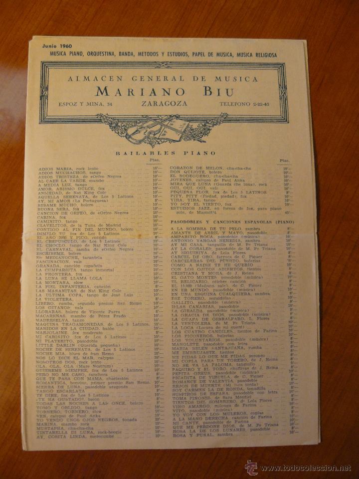 Cat&aacute;logos de M&uacute;sica: catalogo de precios de canciones. almacen general de musica mariano biu 1960