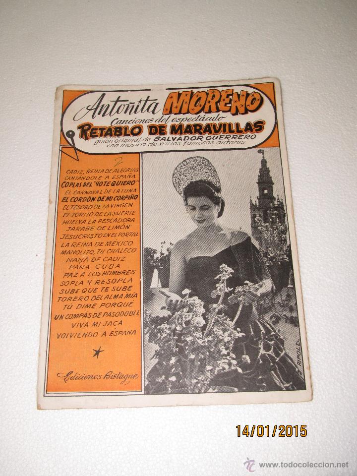 Cat&aacute;logos de m&uacute;sica: Antiguo Cancionero ANTO&Ntilde;ITA MORENO en RETABLO DE MARAVILLAS