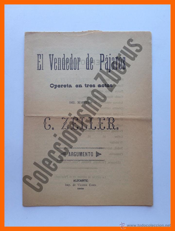 Cat&aacute;logos de M&uacute;sica: El Vendedor de P&aacute;jaros - C. Zeller - Opereta en tres actos - Argumento (1900)