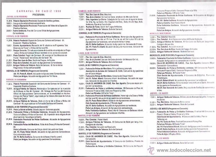 Cat&aacute;logos de m&uacute;sica: PROGRAMA OFICIAL DEL CARNAVAL DE CADIZ. 1990. - Foto 2