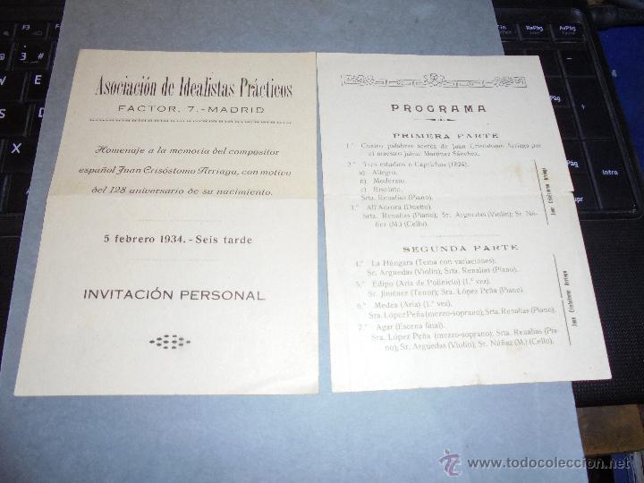 Cat&aacute;logos de M&uacute;sica: MADRID - ASOCIACI&Oacute;N DE IDEALITAS PRACTICOS 1934 INVITACION HOMENAJE AL COMPOSITOR JUAN CRIS&Oacute;STOMO AR