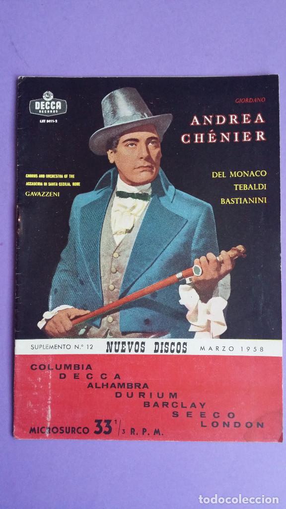 Catalogues de Musique: SUPLEMENTO CATALOGO DISCOS N&ordm; 12 A&Ntilde;O 1958 PORTADA ANDREA CHENIER.