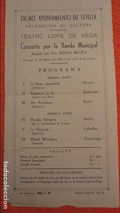 Catalogues de Musique: PROGRAMA.TEATRO LOPE DE VEGA.CONCIERTO BANDA MUNICIPAL.PEDRO BRA&Ntilde;A.SEVILLA.1960