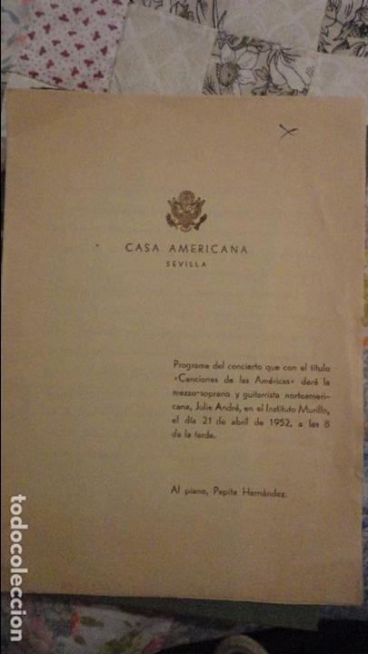 Cat&aacute;logos de M&uacute;sica: ANTIGUO PROGRAMA.CONCIERTO.MEZZO-SOPRANO NORTEAMERICANA.JULIE ANDRE.CASA AMERICA.SEVILLA.1952