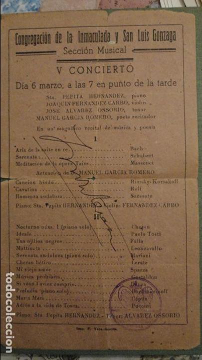Cat&aacute;logos de M&uacute;sica: PROGRAMA V CONCIERTO.INMACULADA.SAN LUIS GONZAGA.SEVILLA.JOSE ALVAREZ OSSORIO.TENOR.PEPITA HERNANDEZ