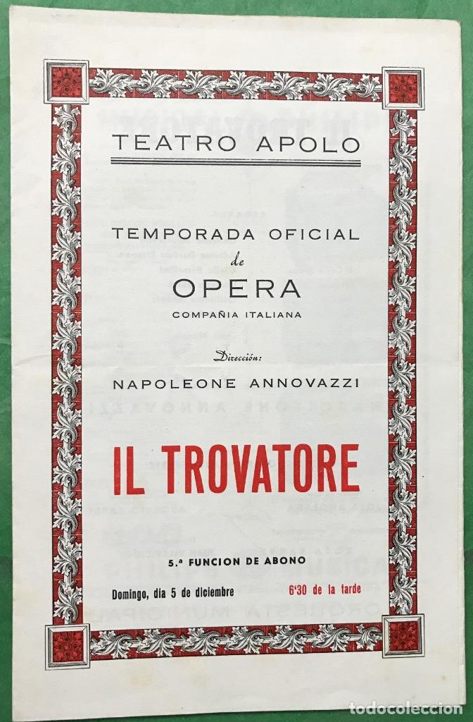 Cat&aacute;logos de M&uacute;sica: Programa del Teatro Apolo - Valencia - Temporada Oficial de &Oacute;pera - Il Trovatore - A&ntilde;o 1955