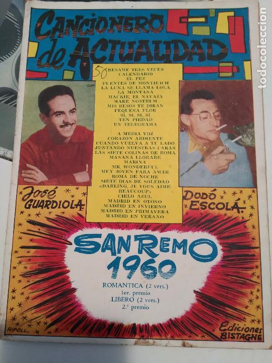 Cat&aacute;logos de M&uacute;sica: CANCIONERO DE ACTUALIDAD SAN REMO 1960 J. GUARDIOLA / D ESCOLA (Bistagne, 1960)