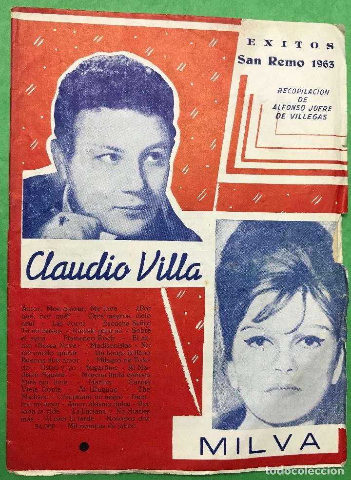 Cat&aacute;logos de M&uacute;sica: Cancionero de Claudio Villa - Milva - &Eacute;xitos Festival San Remo 1963 - Ediciones Marazul