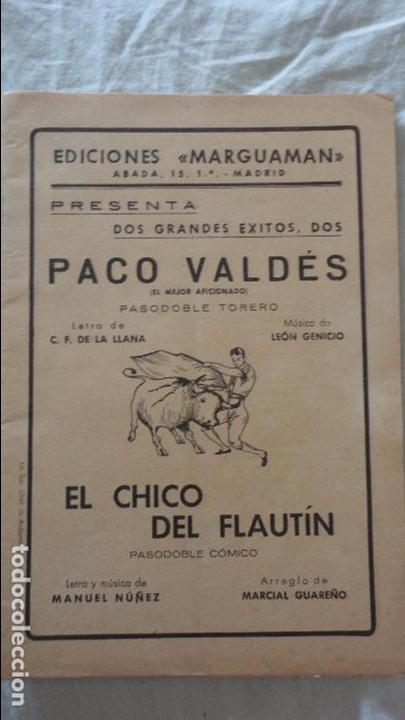 Cat&aacute;logos de M&uacute;sica: PACO VALDES.PASOBOBLE TORERO.EL CHICO DEL FLAUTIN.LEON GENICIO.MANUEL NU&Ntilde;EZ.MARGUAMAN.1950