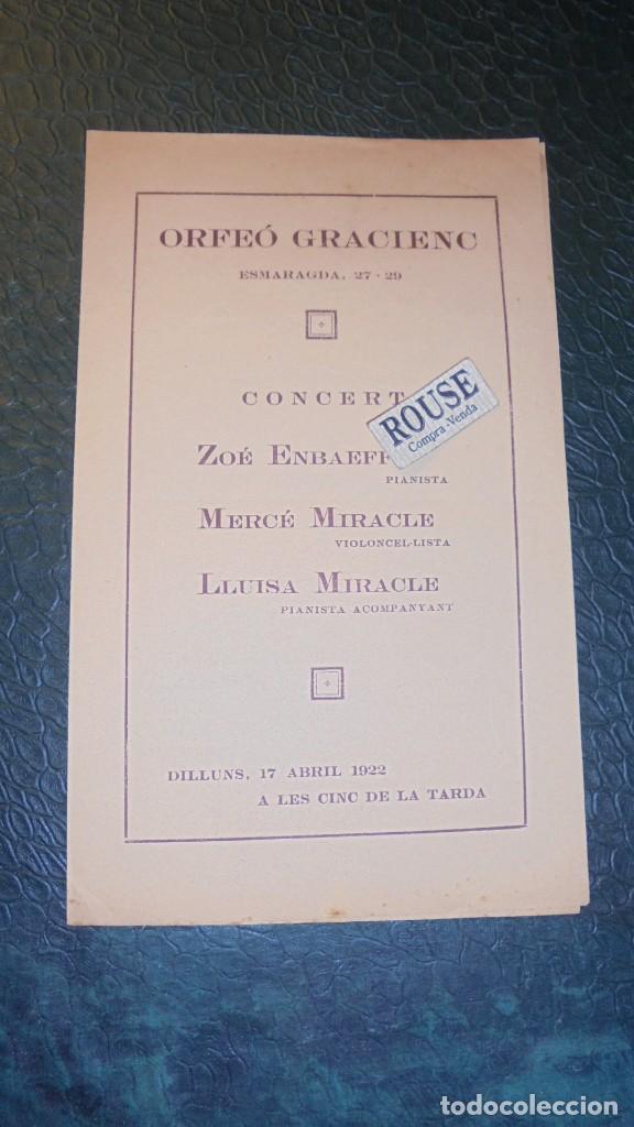 Cat&aacute;logos de M&uacute;sica: PROGRAMA - ORFE&Oacute; GRACIENC 17 ABRIL 1922- CONCERT - ZO&Eacute; ENBEFF. MERC&Eacute; MIRACLE , LLUISA MIRACLE