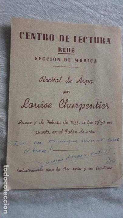 Cat&aacute;logos de M&uacute;sica: ANTIGUO PROGRAMA CONCIERTO.LOUISE CHARPENTIER.ARPA.CENTRO DE LECTURA.REUS.1955.DEDICADO