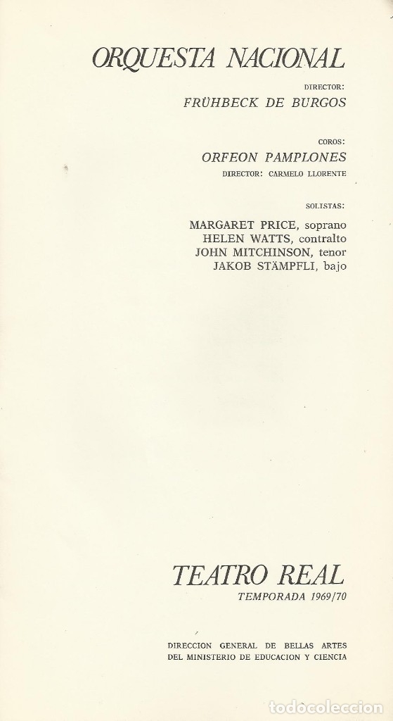 Cat&aacute;logos de M&uacute;sica: PROGRAMA ORQUESTA NACIONAL. TEATRO REAL TEMPORADA 1969/70. FR&Uuml;HBECK DE BURGOS. ORFE&Oacute;N PAMPLON&Eacute;S
