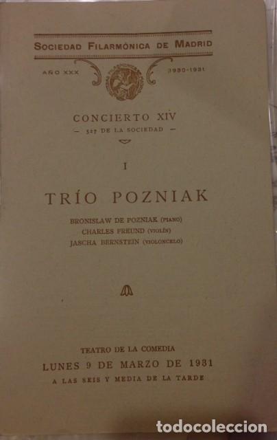 Catalogues de Musique: LIBRETO SOCIEDAD FILARMONICA DE MADRID, CONCIERTO XIV, I TRIO POZNIAK 1931