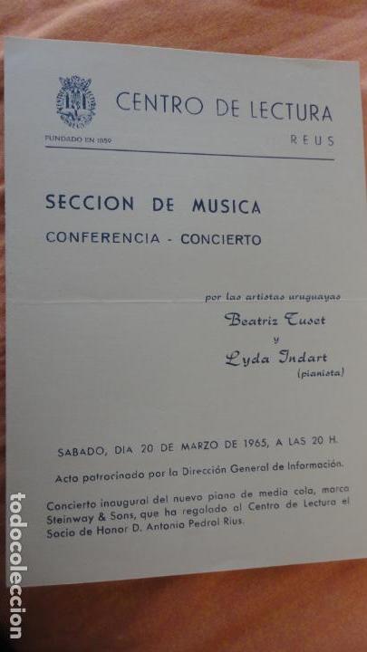 Cat&aacute;logos de M&uacute;sica: CENTRO LECTURA REUS.CONFERENCIA-CONCIERTO.URUGUAY.BEATRIZ TUSET.LYA INDART.PIANO.1965
