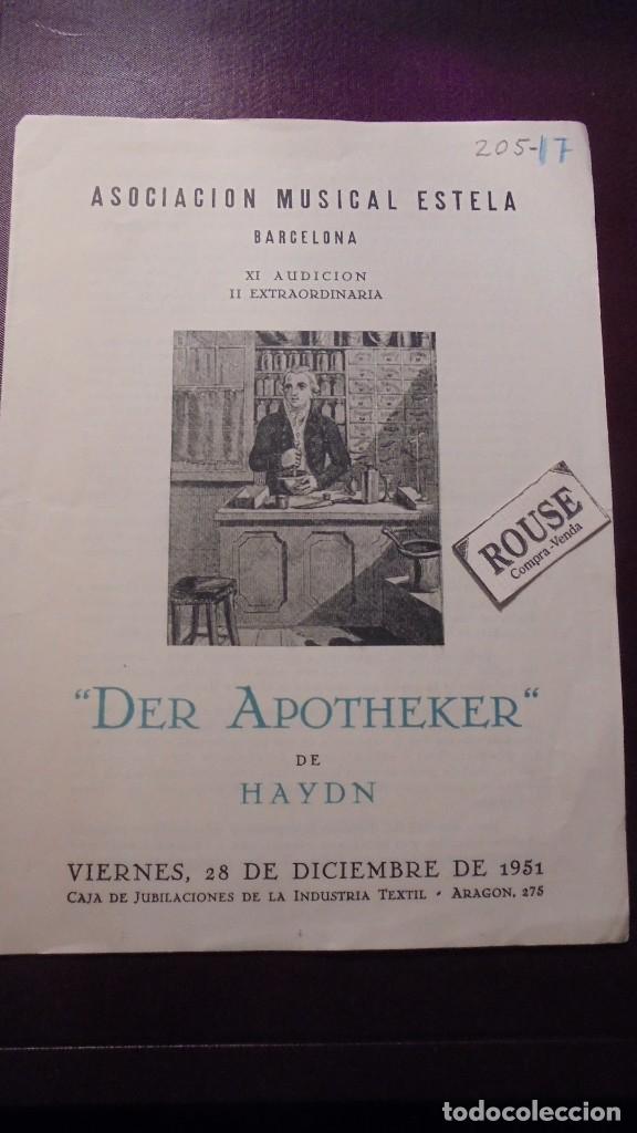 Cat&aacute;logos de M&uacute;sica: PROGRAMA MUSICA , ASOCIACION MUSICAL ESTELA , BARCELONA XI AUDICION II EXTRAORDINARIA ''DER APOTHEKE