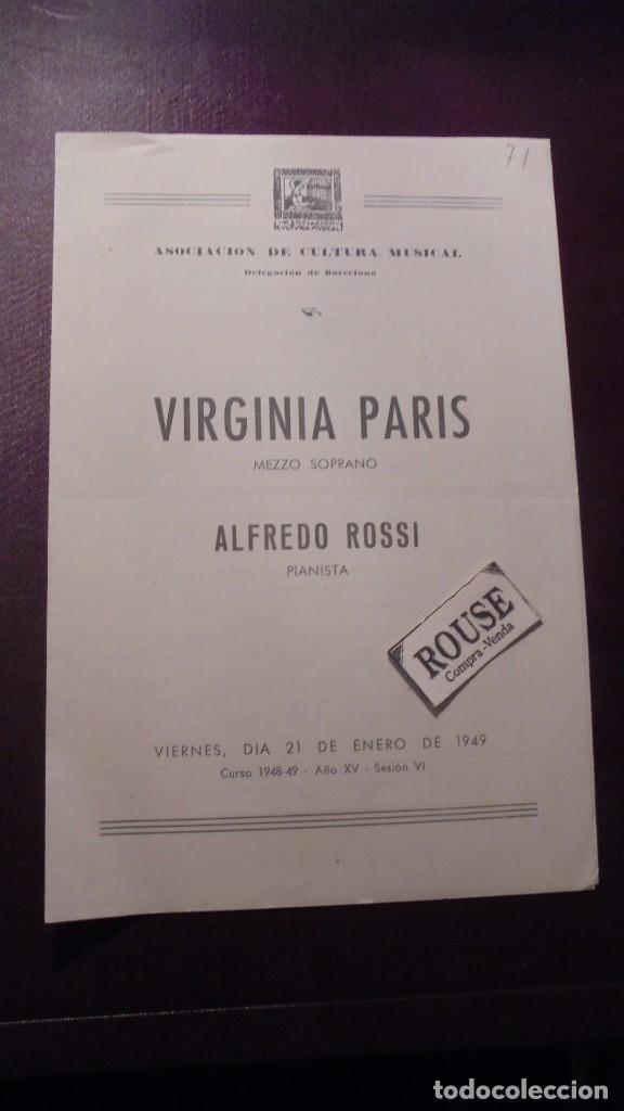 Cat&aacute;logos de M&uacute;sica: PROGRAMA DE MUSICA VIRGINIA PARIS mezzo soprano ALFREDO ROSSI pianista . 21 ENERO 1949 ASOCIACION DE