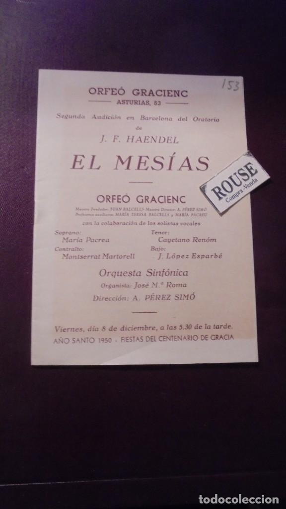 Cat&aacute;logos de M&uacute;sica: PROGRAMA DE MUSICA - SEGUNDA AUDICION DE J.F. HAENDEL , EL MESIAS , ORFE&Oacute; GRACIENC 8 DICIEMB. 1950