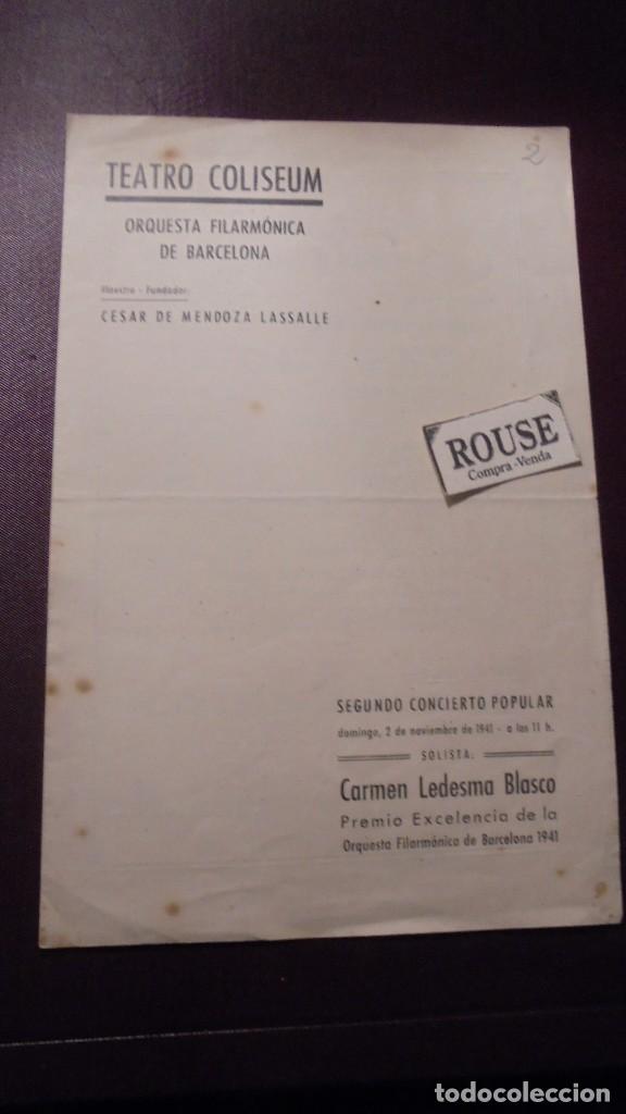 Cat&aacute;logos de M&uacute;sica: PROGRAMA DE MUSICA - TEATRO COLISEUM  ORQUESTA FILARMONICA DE BARCELONA , CESAR DE MENDOZA LASSALLE