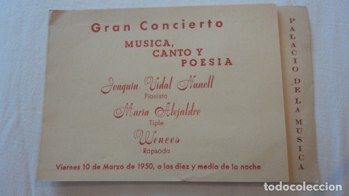 Cat&aacute;logos de M&uacute;sica: PALACIO DE MUSICA.CONCIERTO.JOAQUIN VIDAL NUNELL.PIANO.MARIA ALEJALDRE.TRIPLE.WENCES.RAPSODA.1950