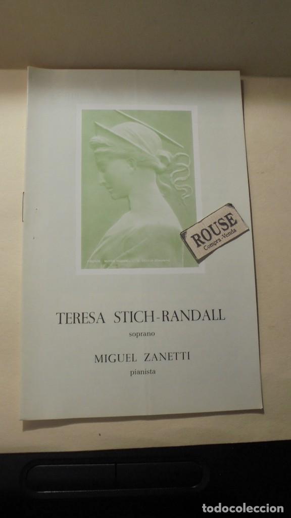 Cat&aacute;logos de M&uacute;sica: ANTIGUO PROGRAMA TERESA STICH - RANDALL SOPRANO MIGUEL ZANETTI PIANISTA  PALACIO DE LA MUSICA
