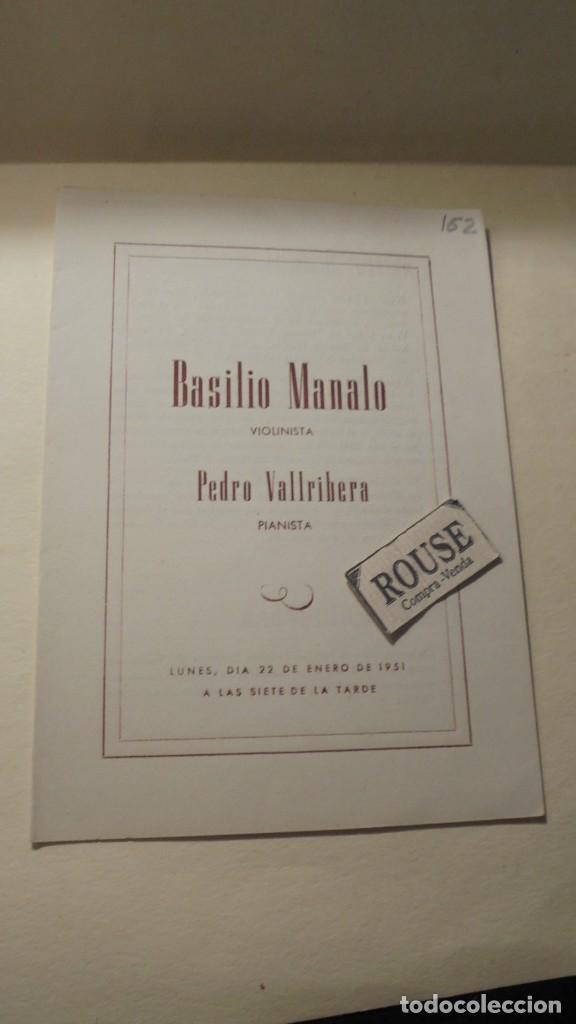 Cat&aacute;logos de M&uacute;sica: PROGRAMA DE MUSICA - PALACIO DE LA MUSICA BASILIO MANALO violinista PEDRO VALLRIBERA pianista 1951