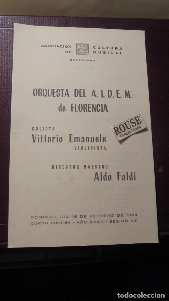 Catalogues de Musique: PROGRAMA DE MUSICA - ORQUESTA DEL A.I.D.E.M. DE FLORENCIA solista VITTORIO EMANUELE diert ALDO FALDI