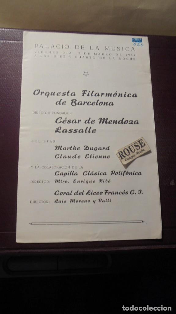 Catalogues de Musique: PROGRAMA DE MUSICA - PALACIO DE LA MUSICA ORQUESTA FILARMONICA DE BARCELONA 12 MARZO 1954