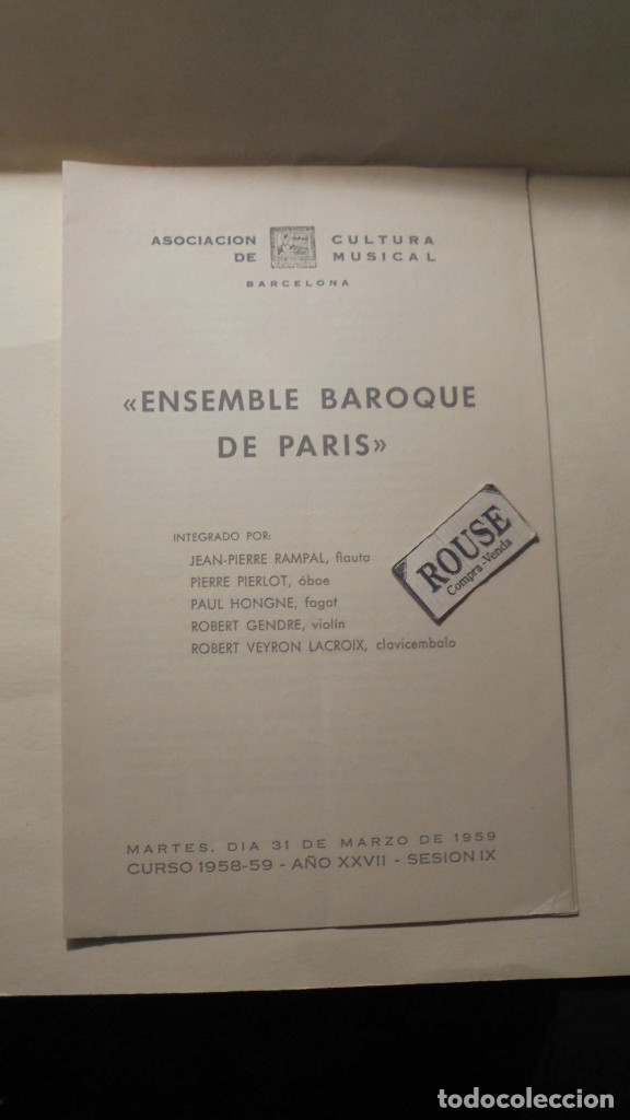 Catalogues de Musique: PROGRAMA DE MUSICA - PALACIO DE LA MUSICA - ''ENSEMBLE BAROQUE DE PARIS''