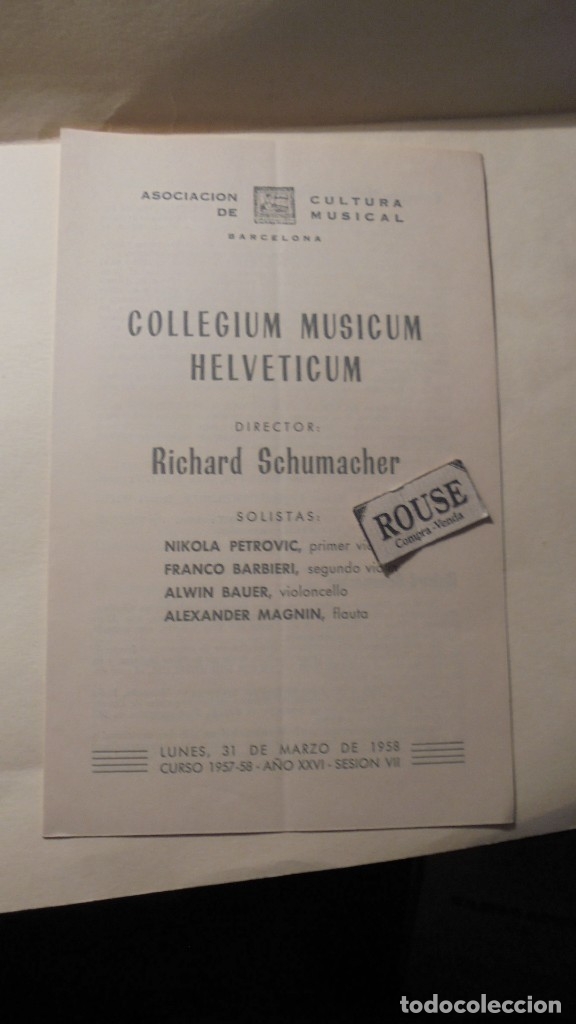 Catalogues de Musique: PROGRAMA DE MUSICA - PALACIO DE LA MUSICA COLLEGIUM MUSICUM HELVETICUM  diret. RICHARD SCHUMACHER