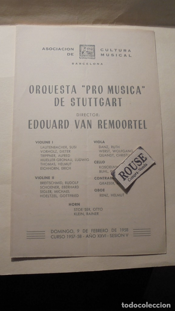Catalogues de Musique: PROGRAMA DE MUSICA - PALACIO DE LA MUSICA - orquesta ''pro musica''de STUTTGART  diert. EDOUARD VAN