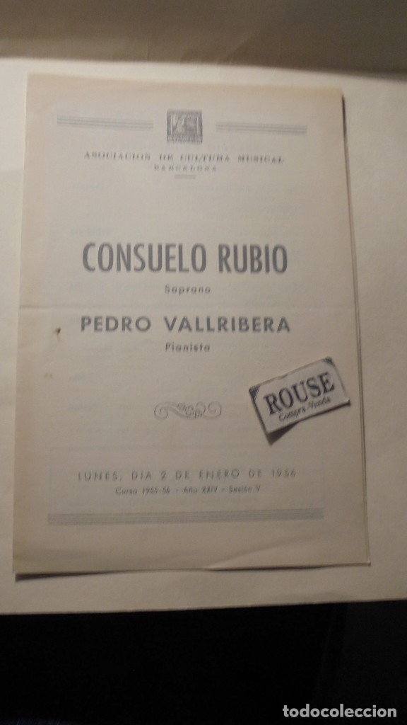 Catalogues de Musique: PROGRAMA DE MUSICA - PALACIO DE LA MUSICA - CONSUELO RUBIO  soprano PEDRO VALLRIBERA pianista