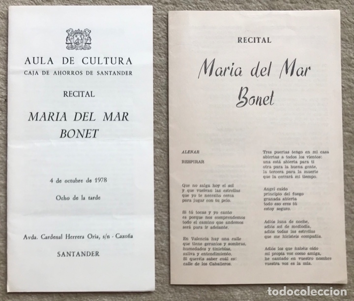 Catalogues de Musique: Programa y cancionero recital de Maria del Mar Bonet - Santander, 4 de Octubre de 1978